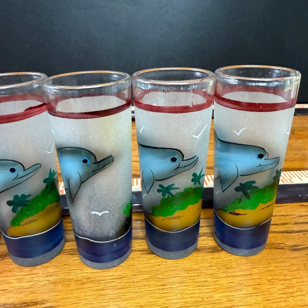 Dolphin Hand painted Decanter Set Rack w 6 shot glasses Island Tequila Tiki Set